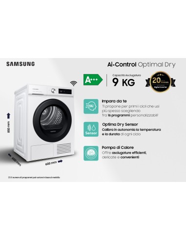 Samsung Asciugatrice AI Control Optimal dry 9Kg DV90BB5245AW