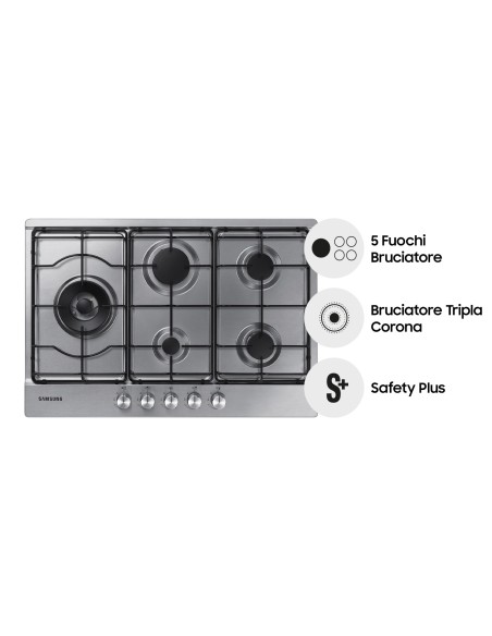 Samsung NA75M3130AS Nero, Acciaio inossidabile Da incasso Gas 5 Fornello(i)
