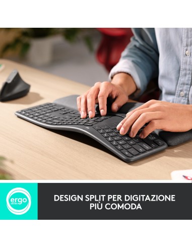Logitech ERGO K860 Wireless Split Keyboard - Tastiera Ergonomica Wireless, Poggiapolsi, Connettività Bluetooth e USB,