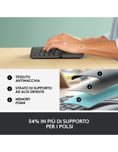 Logitech ERGO K860 Wireless Split Keyboard - Tastiera Ergonomica Wireless, Poggiapolsi, Connettività Bluetooth e USB,