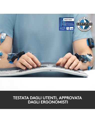 Logitech ERGO K860 Wireless Split Keyboard - Tastiera Ergonomica Wireless, Poggiapolsi, Connettività Bluetooth e USB,