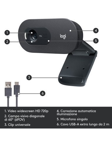 Logitech C505 Webcam HD - Videocamera USB Esterna 720p HD per Desktop o Laptop con Microfono a Lunga Portata, Compatibile con