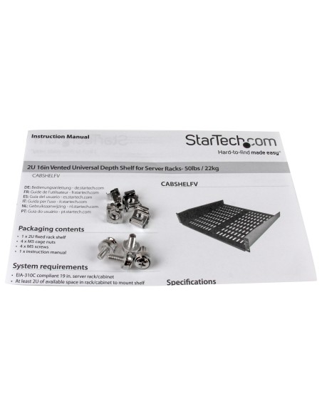 StarTech.com Scaffale cantilever per montaggio a rack universale con fessure 16" 2U - Ripiano per armadio server rack fisso -