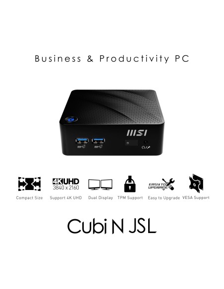 MSI Cubi N JSL-002BEU PC stazione di lavoro N4500 mini PC Intel® Celeron® N 4 GB DDR4-SDRAM 128 GB SSD Windows 10 Pro Nero