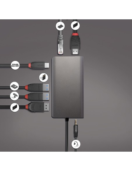 Lindy 43323 replicatore di porte e docking station per notebook Cablato USB 3.2 Gen 1 (3.1 Gen 1) Type-C Nero, Grigio