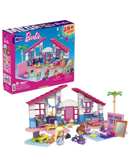 MEGA Barbie Casa di Malibu con le 2 micro-bambole , un adorabile cucciolo e tanti accessori, set da costruzione, Giocattolo per