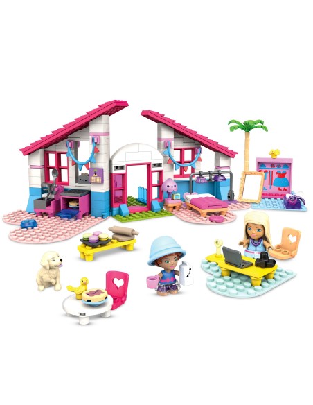 MEGA Barbie Casa di Malibu con le 2 micro-bambole , un adorabile cucciolo e tanti accessori, set da costruzione, Giocattolo per