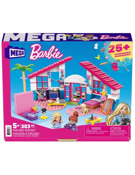 MEGA Barbie Casa di Malibu con le 2 micro-bambole , un adorabile cucciolo e tanti accessori, set da costruzione, Giocattolo per