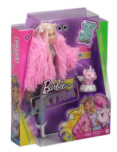 Barbie Extra Doll No3 in Pink Coat with Pet Unicorn-Pig
