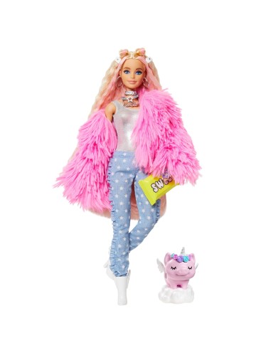 Barbie Extra Doll No3 in Pink Coat with Pet Unicorn-Pig