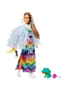 Barbie Extra ​ - Bambola mora con capelli lunghi e articolazioni flessibili, con giacca blu e cucciolo di coccodrillo per