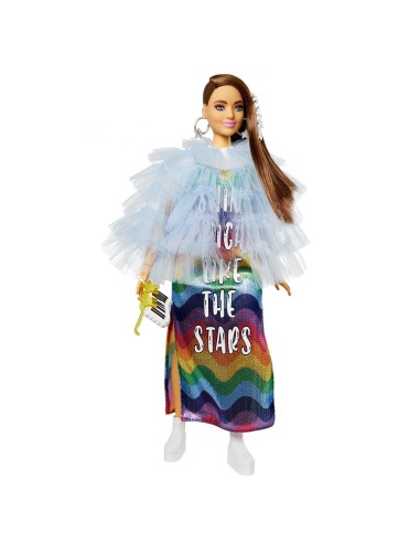 Barbie Extra ​ - Bambola mora con capelli lunghi e articolazioni flessibili, con giacca blu e cucciolo di coccodrillo per