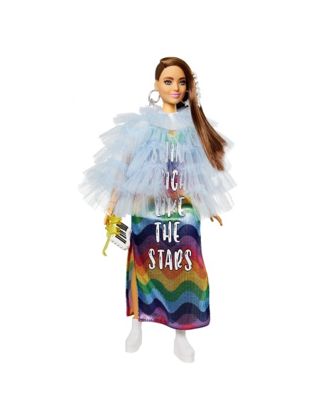 Barbie Extra ​ - Bambola mora con capelli lunghi e articolazioni flessibili, con giacca blu e cucciolo di coccodrillo per