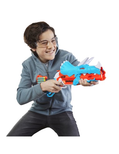 Nerf DinoSquad - Tricera-blast (blaster con alloggiamento per caricamento di 3 dardi, con supporto dardi e design dinosauro