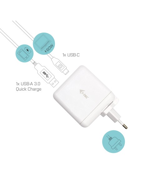 i-tec USB-C Travel Charger 60W + USB-A Port 18W