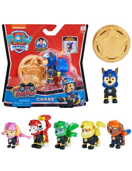 PAW Patrol , Personaggio Moto Pups con distintivo da agente indossabile e zainetto trasformabile, cucciolo a sorpresa, per