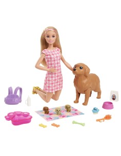 Barbie Playset Cuccioli Appena Nati con Bambola Bionda, Cane che Partorisce, 3 Cuccioli e Funzione Cambia Colore e Accessori