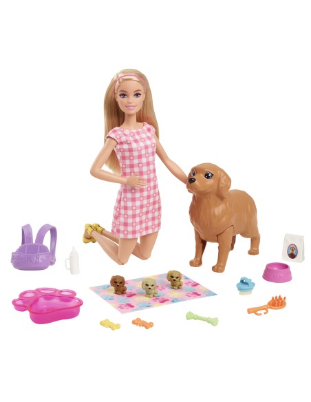 Barbie Playset Cuccioli Appena Nati con Bambola Bionda, Cane che Partorisce, 3 Cuccioli e Funzione Cambia Colore e Accessori