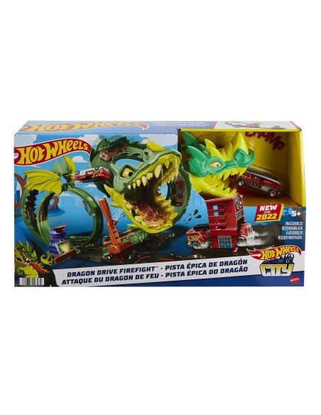 Hot Wheels City Dragone di Fuoco con 1 Veicolo Die-Cast Incluso e Stazione dei Pompieri, Giocattolo per Bambini 5+ Anni