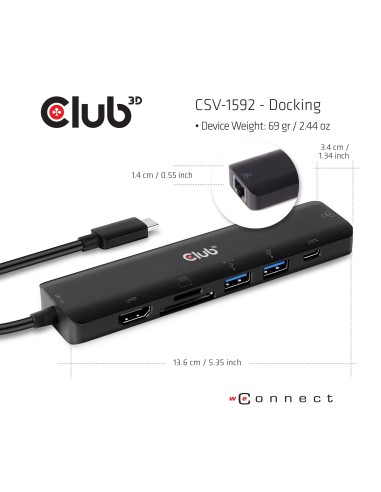 CLUB3D CSV-1592 replicatore di porte e docking station per notebook USB 3.2 Gen 1 (3.1 Gen 1) Type-C Nero