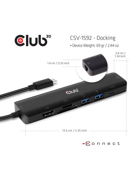 CLUB3D CSV-1592 replicatore di porte e docking station per notebook USB 3.2 Gen 1 (3.1 Gen 1) Type-C Nero