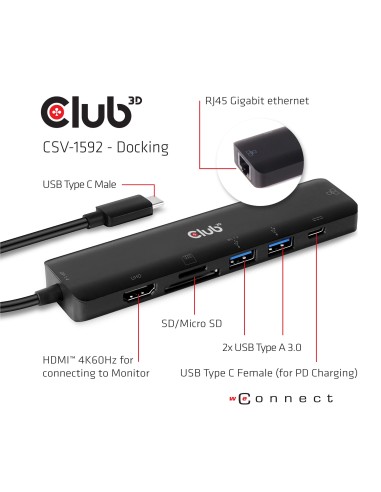 CLUB3D CSV-1592 replicatore di porte e docking station per notebook USB 3.2 Gen 1 (3.1 Gen 1) Type-C Nero