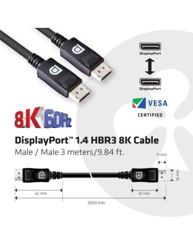 CLUB3D DisplayPort 1.4 HBR3 8K 28AWG Cable M M 3m  9.84ft