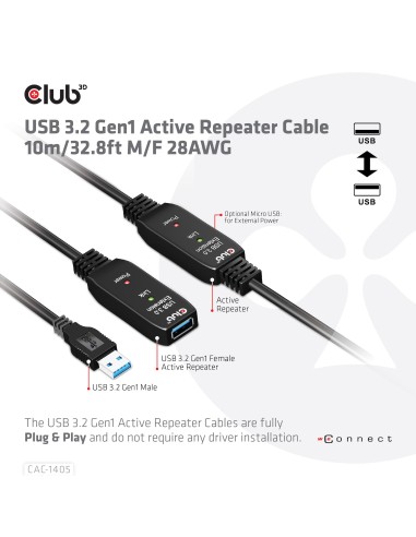 CLUB3D CAC-1405 cavo USB 10 m USB 3.2 Gen 2 (3.1 Gen 2) USB A Nero
