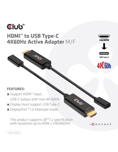 CLUB3D CAC-1333 cavo e adattatore video 0,22 m HDMI tipo A (Standard) USB tipo-C Nero