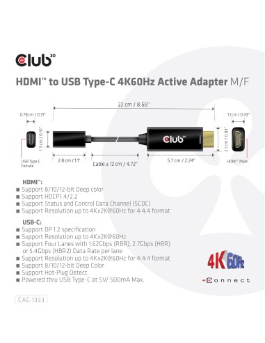CLUB3D CAC-1333 cavo e adattatore video 0,22 m HDMI tipo A (Standard) USB tipo-C Nero