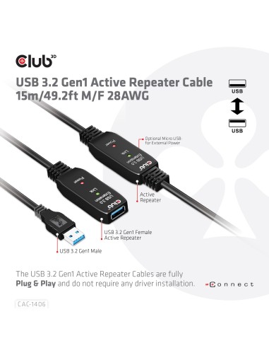 CLUB3D CAC-1406 cavo USB 15 m USB 3.2 Gen 1 (3.1 Gen 1) USB A Nero