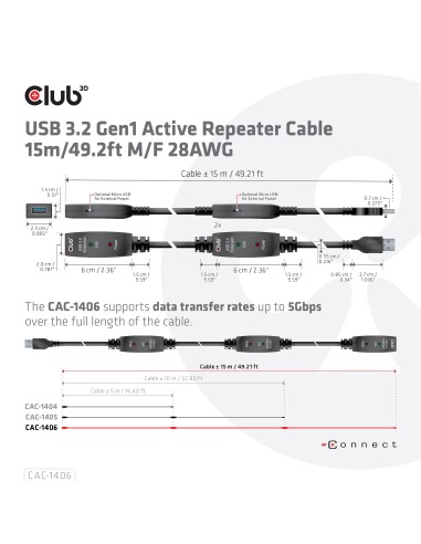 CLUB3D CAC-1406 cavo USB 15 m USB 3.2 Gen 1 (3.1 Gen 1) USB A Nero