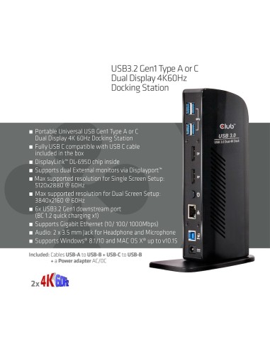 CLUB3D USB3.2 Gen1 Type A or C Dual Display 4K60Hz Docking Station DisplayLink® Certified