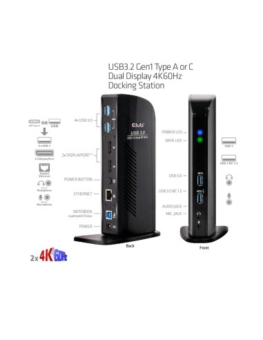 CLUB3D USB3.2 Gen1 Type A or C Dual Display 4K60Hz Docking Station DisplayLink® Certified