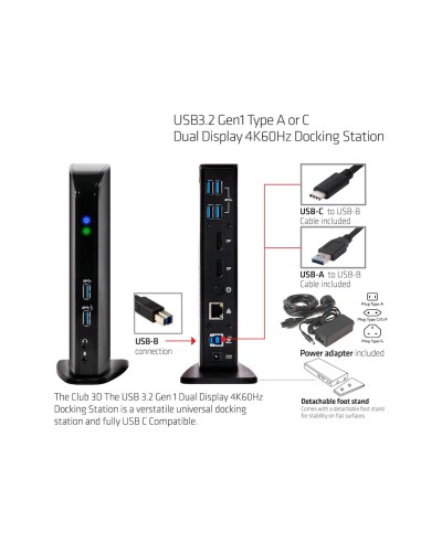 CLUB3D USB3.2 Gen1 Type A or C Dual Display 4K60Hz Docking Station DisplayLink® Certified