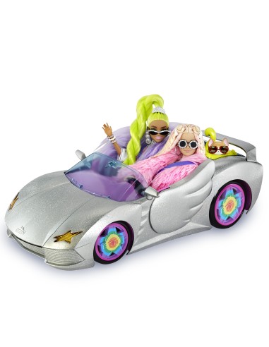 Barbie Extra Cabrio - Bambola con Auto Argentata e Cagnolino - 1 Top e 2 Paia di Scarpe - Piscina per Cuccioli - Giocattolo per
