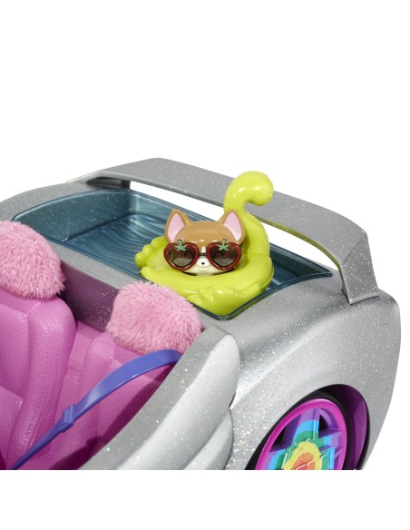 Barbie Extra Cabrio - Bambola con Auto Argentata e Cagnolino - 1 Top e 2 Paia di Scarpe - Piscina per Cuccioli - Giocattolo per