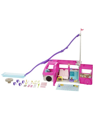 Barbie Camper dei Sogni - Veicolo con Scivolo e Piscina - 2 Cuccioli - 7 Aree Gioco - Alto 76 cm - 60+ Accessori - Regalo per