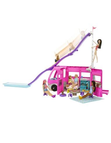 Barbie Camper dei Sogni - Veicolo con Scivolo e Piscina - 2 Cuccioli - 7 Aree Gioco - Alto 76 cm - 60+ Accessori - Regalo per