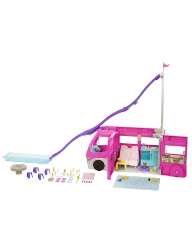 Barbie Camper dei Sogni - Veicolo con Scivolo e Piscina - 2 Cuccioli - 7 Aree Gioco - Alto 76 cm - 60+ Accessori - Regalo per