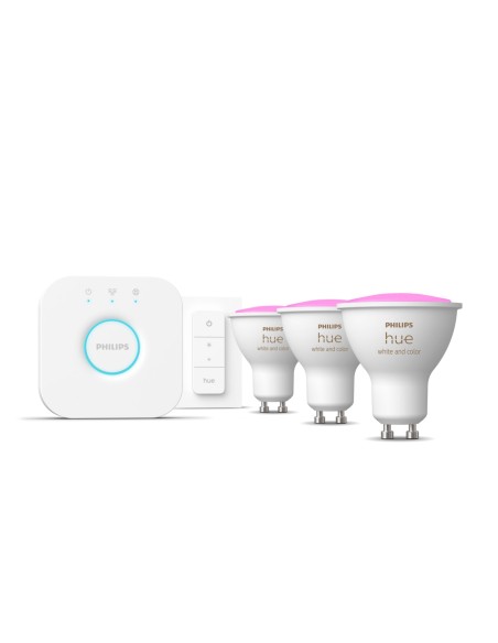 Philips Hue White and Color ambiance Starter Kit Bridge + 3 Lampadine Smart GU10 35W + Dimmer Switch