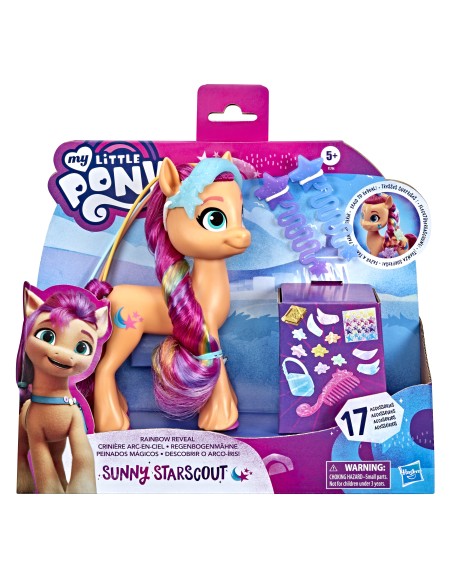 My Little Pony Una Nuova Genarazione, Sunny Capelli Arcobaleno, pony arancione da 15 cm con treccia arcobaleno e 17 accessori