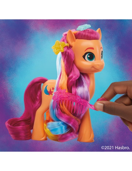 My Little Pony Una Nuova Genarazione, Sunny Capelli Arcobaleno, pony arancione da 15 cm con treccia arcobaleno e 17 accessori